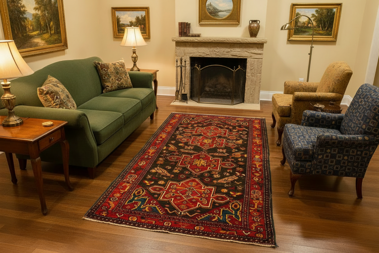 Semi antique Shirvan Kazak rug displayed in an elegant living room