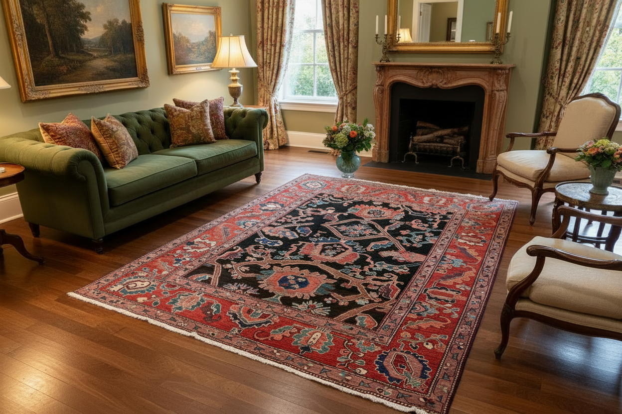 Vintage Malayer Persian Wool Rug displayed in an elegant living room