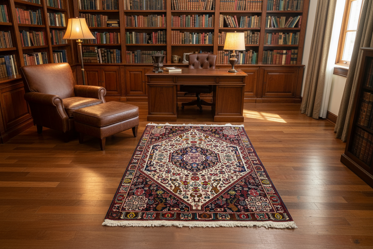 Vintage Persian Khorasan Wool Rug displayed in an elegant study room